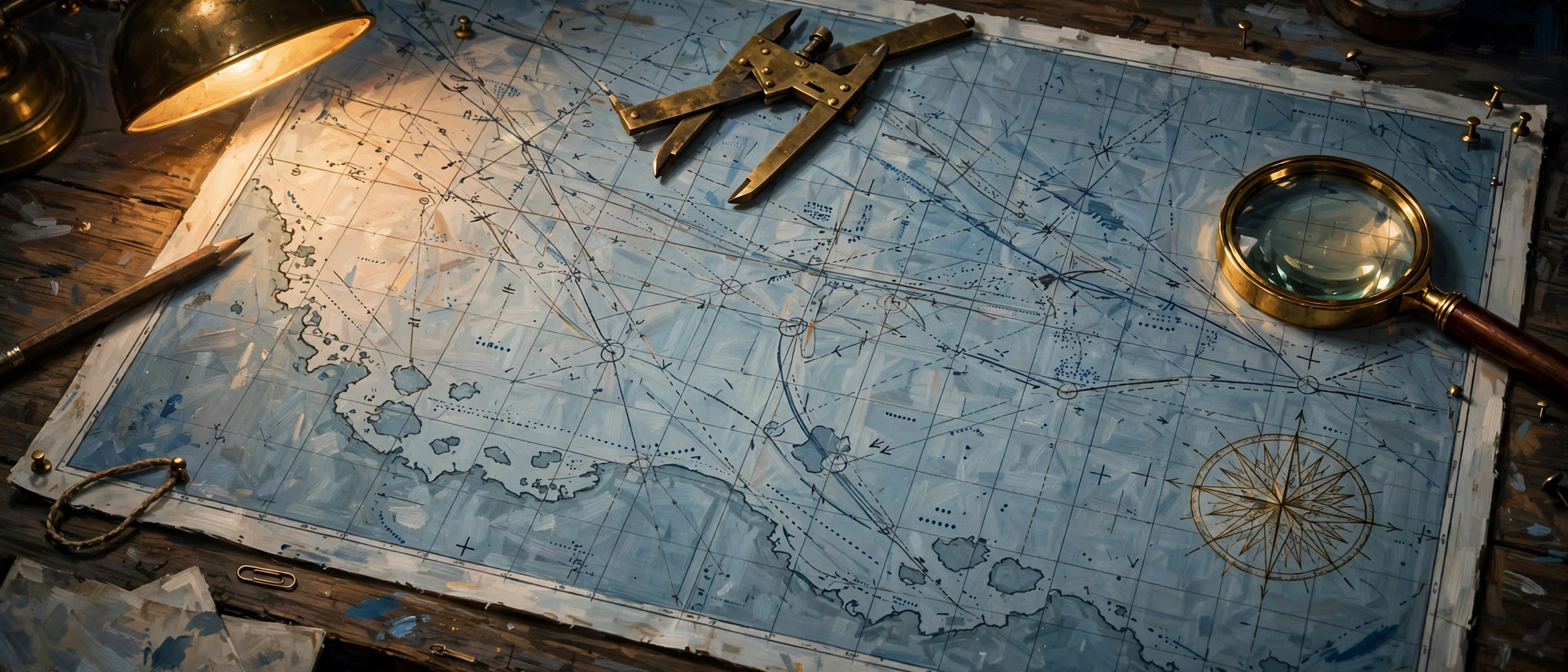 A naval chart table under a brass lamp — plotted courses, dividers and a compass rose
